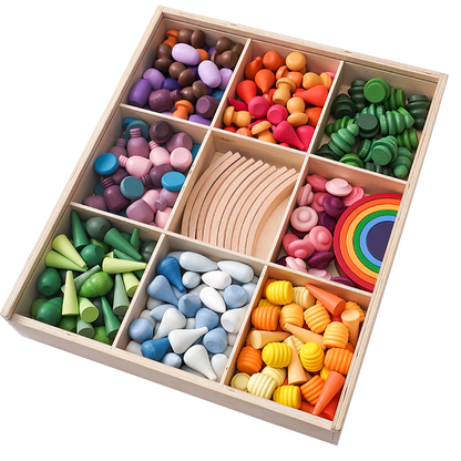 **Pre-order (Ships in 2-3 weeks)** NEW 252 Pcs Mandala Loose Parts with Mini Rainbow and Mini Natural Wooden Building Blocks Play Set