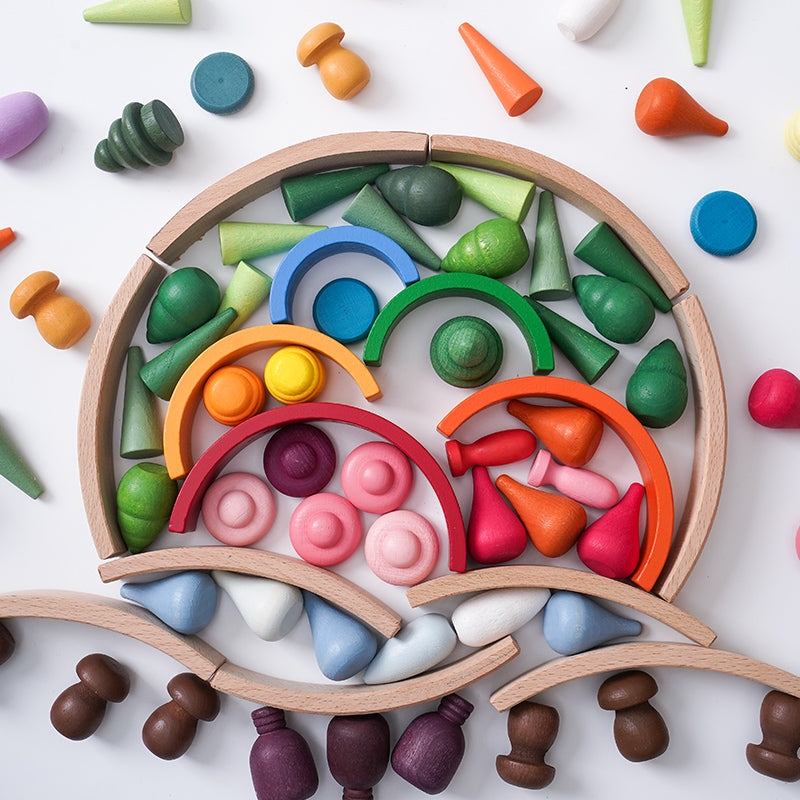 **Pre-order (Ships in 2-3 weeks)** NEW 252 Pcs Mandala Loose Parts with Mini Rainbow and Mini Natural Wooden Building Blocks Play Set