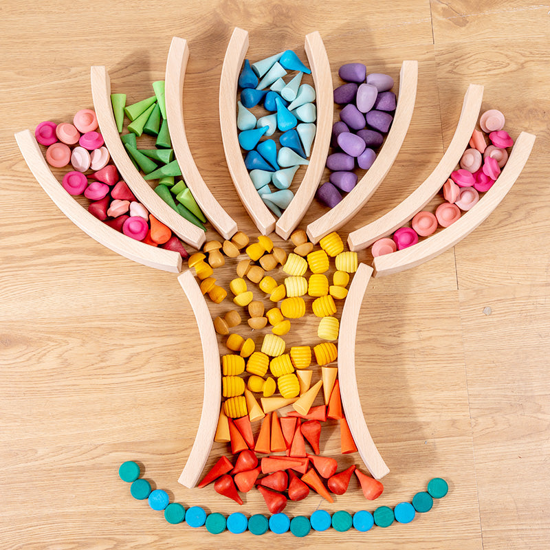 **Pre-order (Ships in 2-3 Weeks)** 42 Pcs Combination Set with 12 Large and 30 Mini Curved Natural Wooden Building Blocks