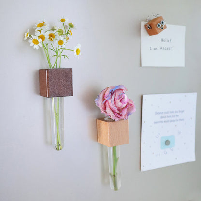 Mini Vase Magnets – Set of 2 – Beech & Walnut Wood – Decorative Fridge Magnets for Small Flowers or Greenery