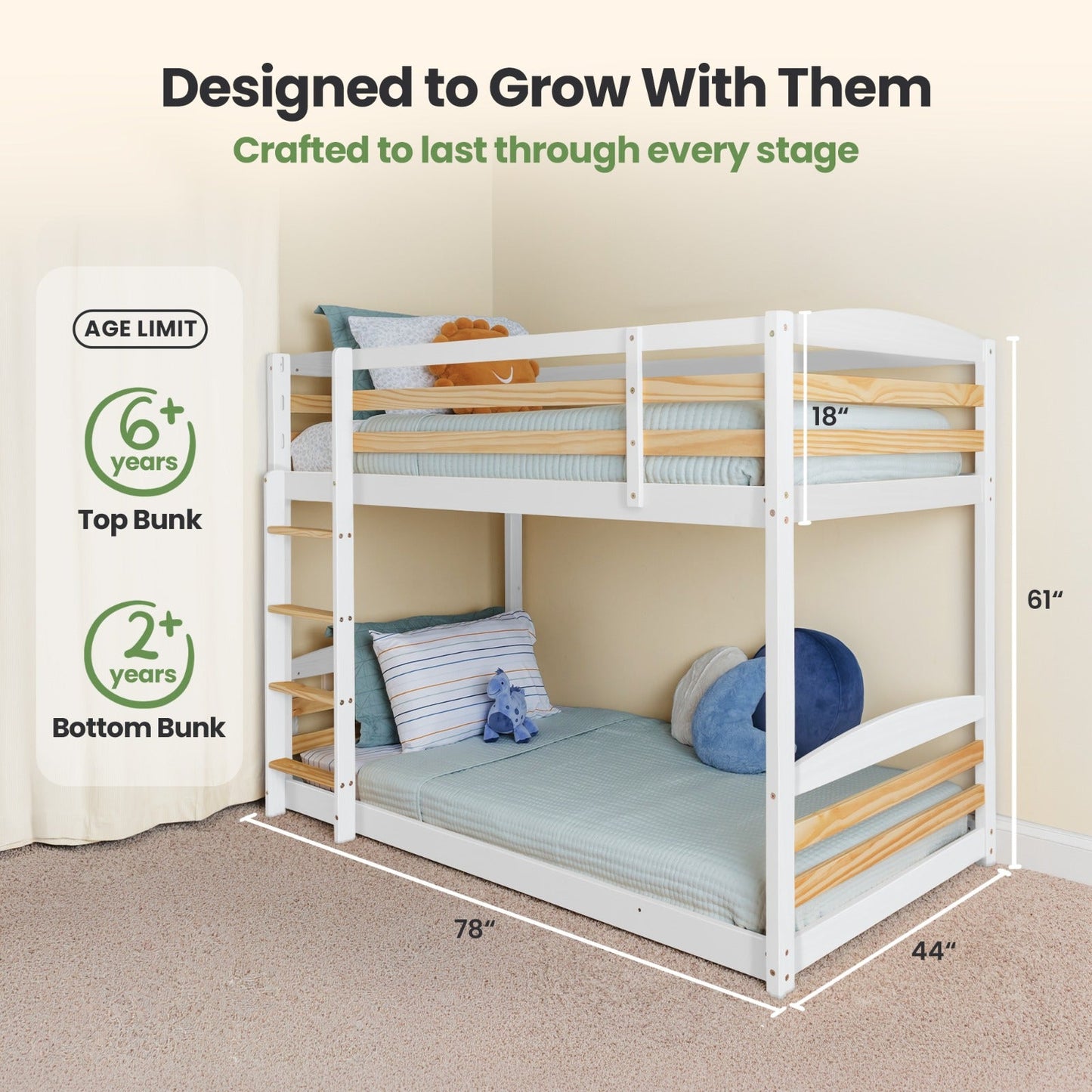 Solid Wood Twin Over Twin Bunk Bed For Kids