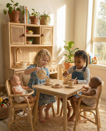 Montessori-Style Rattan Play Kitchen | Natural Pretend Play Station with Storage