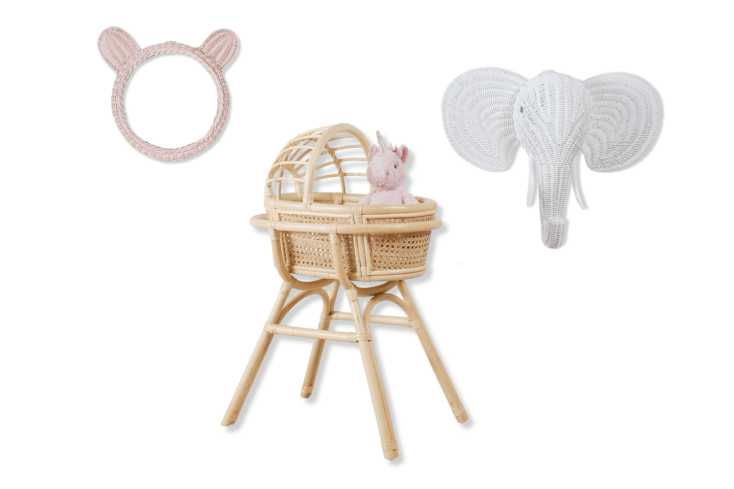 Lullaby Rattan Doll Bassinet with Stand – Handwoven Toy Cradle for Pretend Play