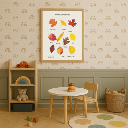 Woodland Leaves Educational Poster | Nature Wall Art for Kids | Fall Learning Print for Playroom, Nursery & Classroom Decor