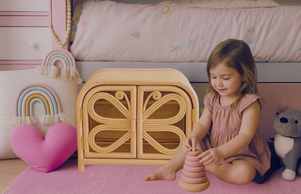 Rattan Doll Clothes Wardrobe | Boho Butterfly Dresser for Kids | Eco-Friendly Nursery Decor