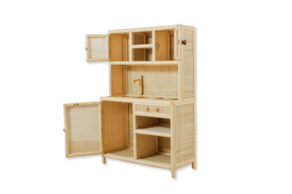 Montessori-Style Rattan Play Kitchen | Natural Pretend Play Station with Storage