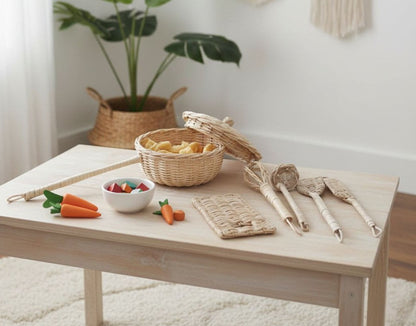 Handmade Rattan Play Kitchen Utensils - Montessori Pretend Play Cooking Set