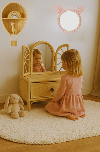 Kids Pink Rattan Teddy Bear Wall Mirror – Baby Girl Nursery & Kids Room Décor Gift