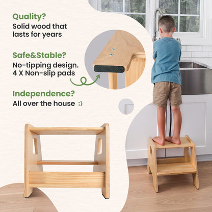 2-Step Wooden Stool for Toddlers(Step Stool for Children Ages 2+)