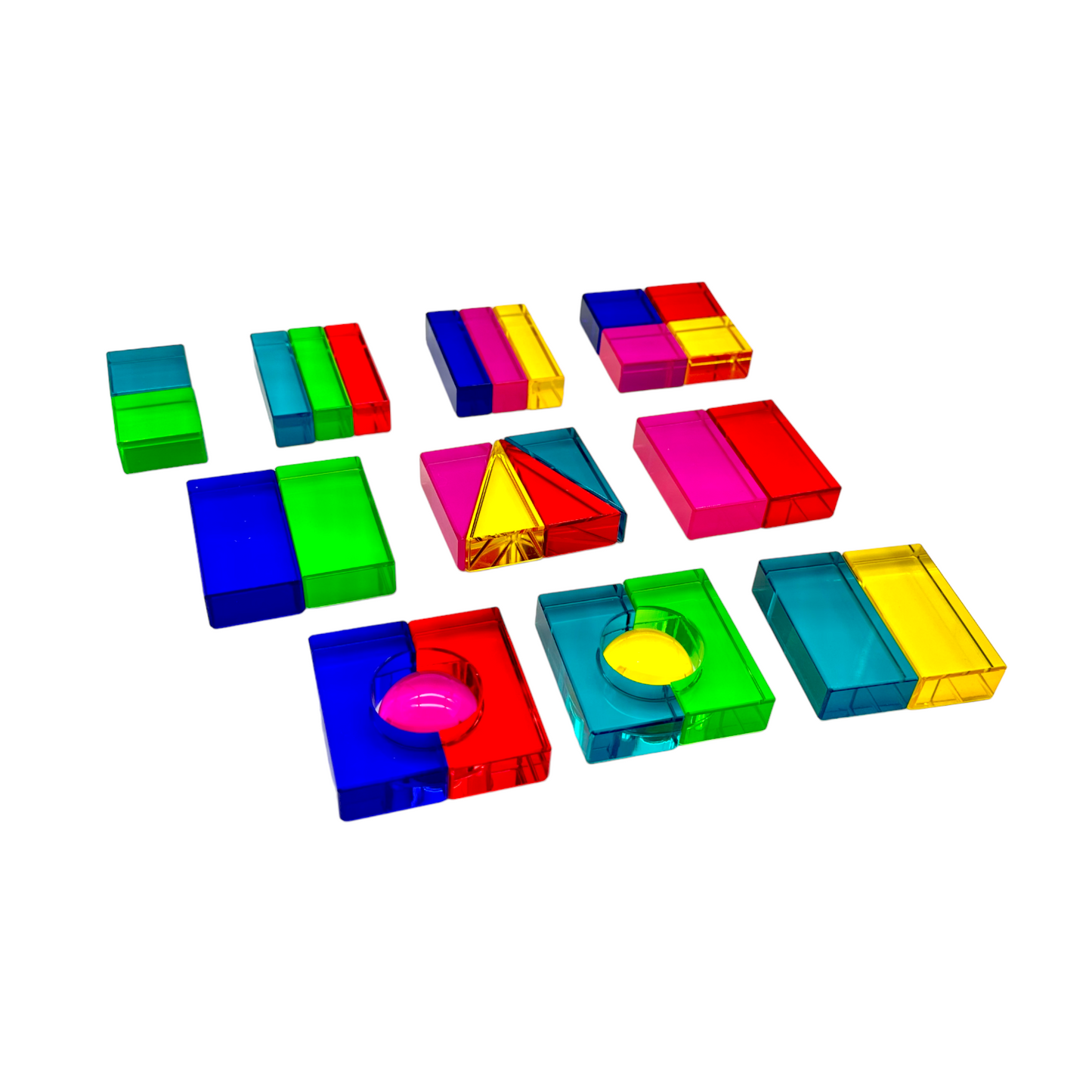 **Pre-order (Ships in 2-3 Weeks)**28 Pcs Rainbow Translucent Acrylic Sensory Building Blocks with Storage Tray