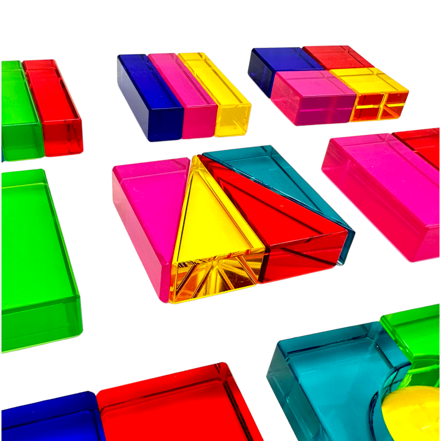 **Pre-order (Ships in 2-3 Weeks)**28 Pcs Rainbow Translucent Acrylic Sensory Building Blocks with Storage Tray