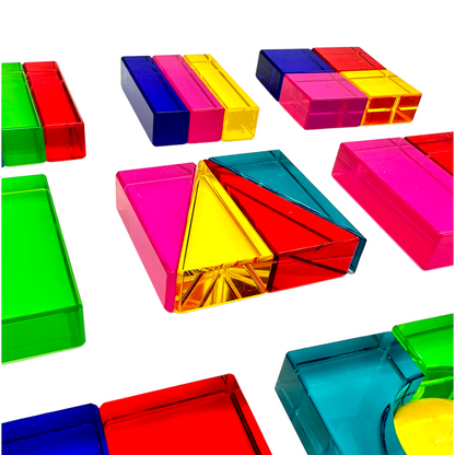 **Pre-order (Ships in 2-3 Weeks)**28 Pcs Rainbow Translucent Acrylic Sensory Building Blocks with Storage Tray