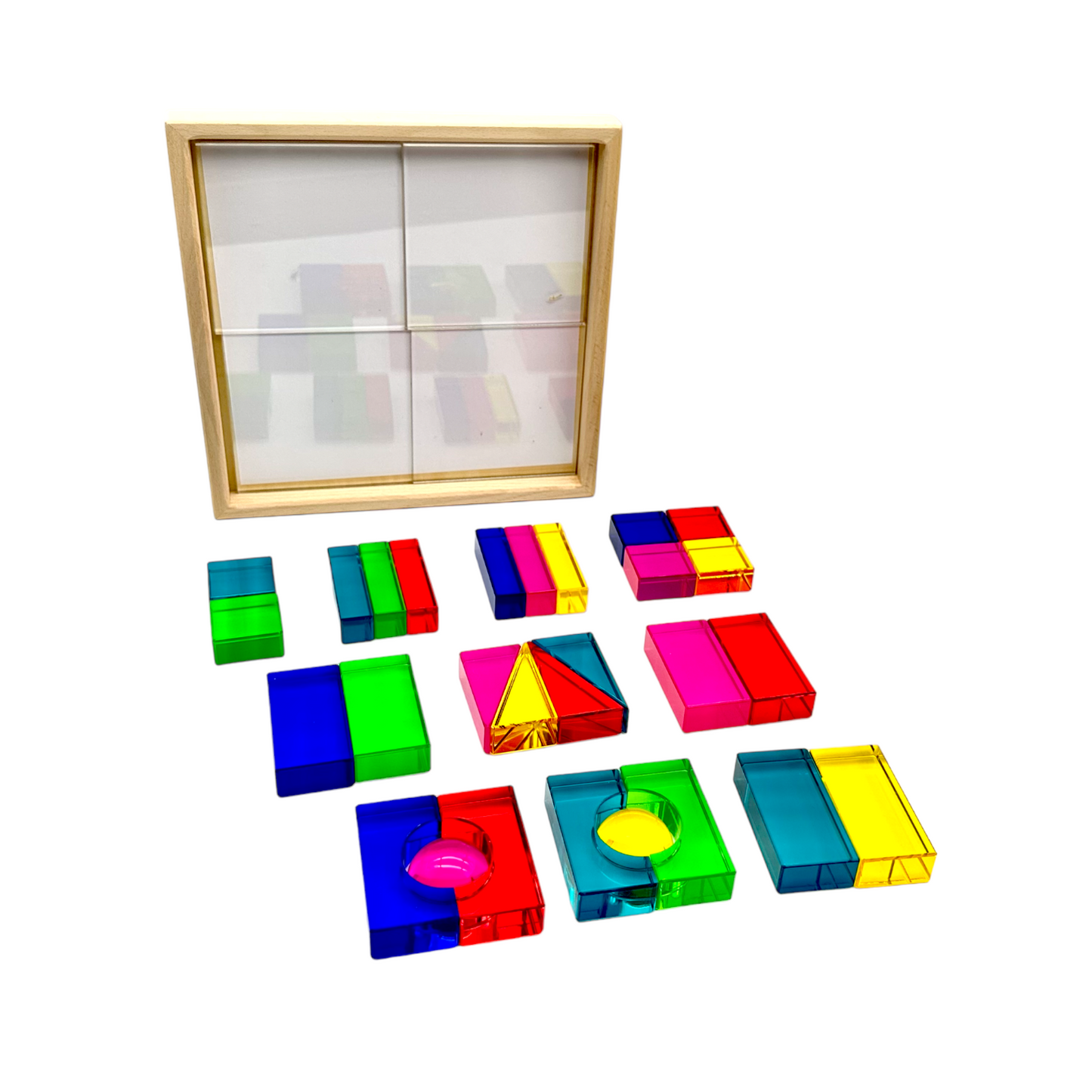 **Pre-order (Ships in 2-3 Weeks)**28 Pcs Rainbow Translucent Acrylic Sensory Building Blocks with Storage Tray