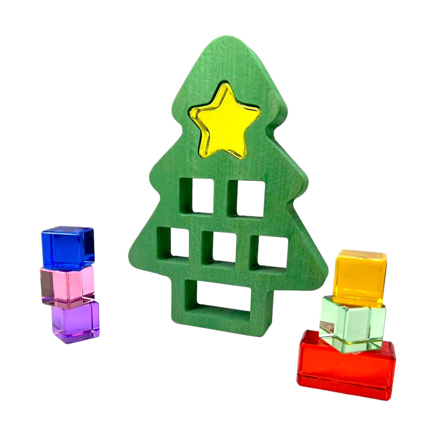 **Pre-order (Ships in 1-2 weeks)** Wooden Christmas Tree with 7 Pcs Lucite Cubes Set