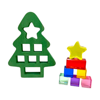 **Pre-order (Ships in 1-2 weeks)** Wooden Christmas Tree with 7 Pcs Lucite Cubes Set