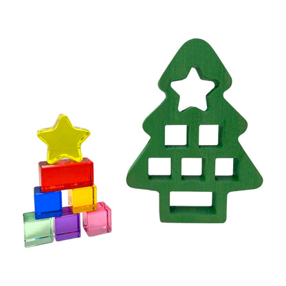 **Pre-order (Ships in 1-2 weeks)** Wooden Christmas Tree with 7 Pcs Lucite Cubes Set