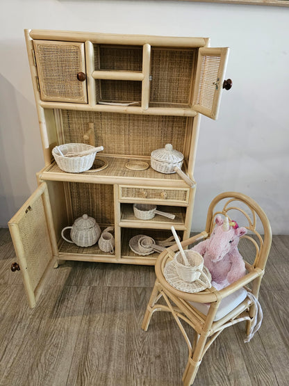 Montessori-Style Rattan Play Kitchen | Natural Pretend Play Station with Storage