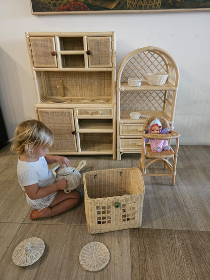 Montessori-Style Rattan Play Kitchen | Natural Pretend Play Station with Storage