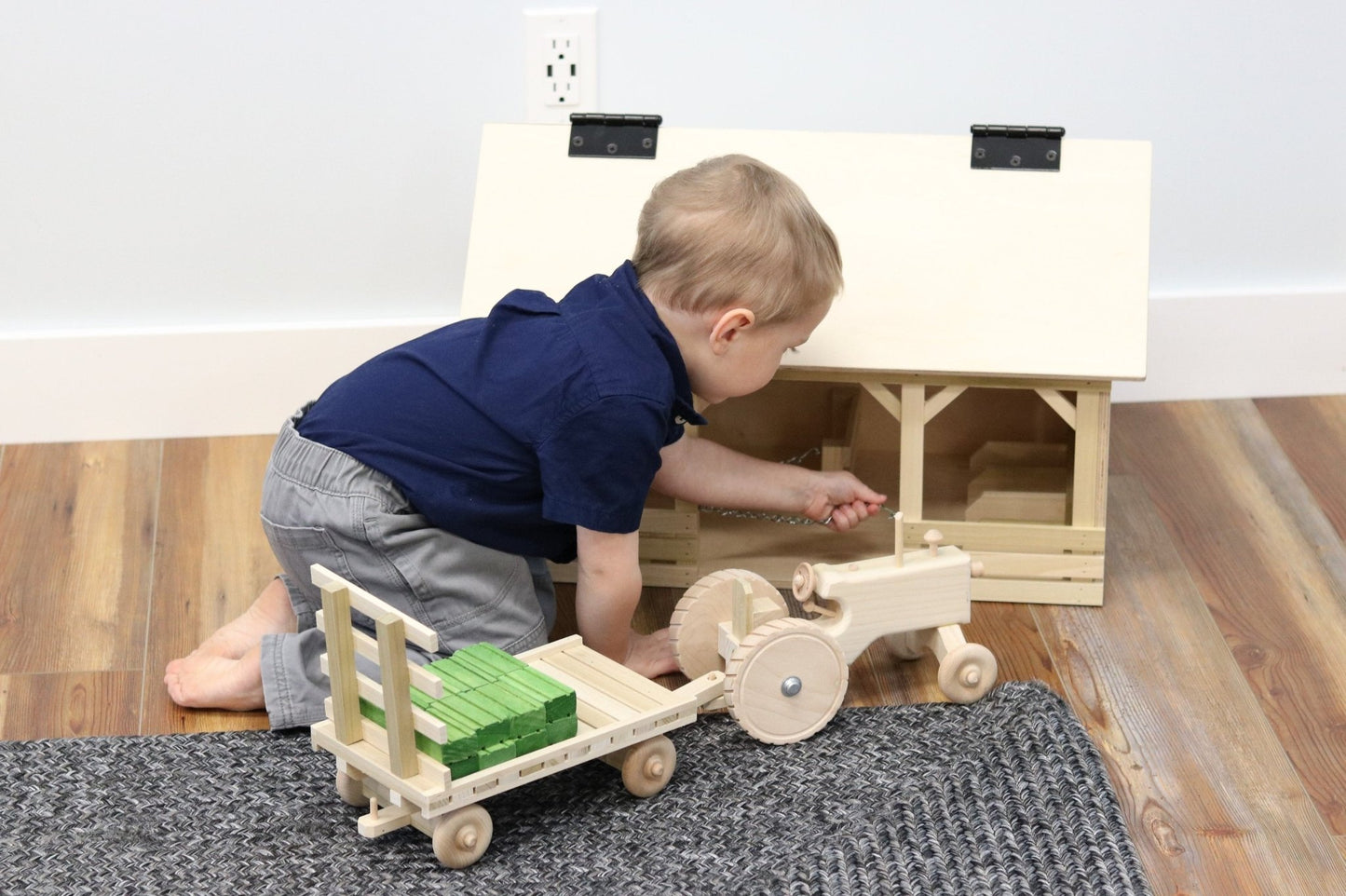 Amish - Made Wooden Toy Tractor & Hay Wagon Set with Hay Bales - The Nurturing Nook