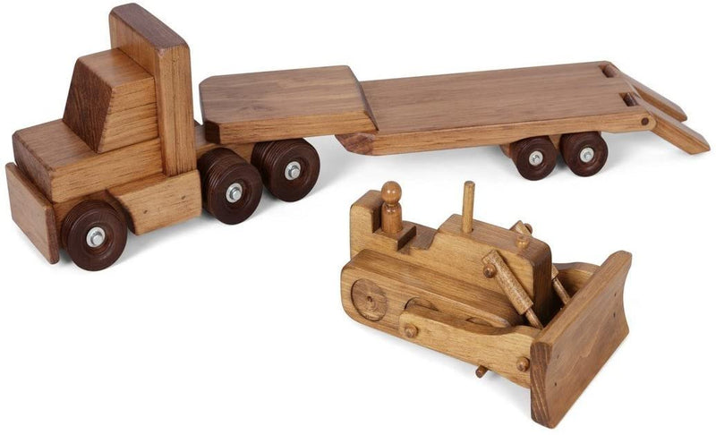 Amish-made Wooden toy truck & low boy flatbed trailer with bulldozer set