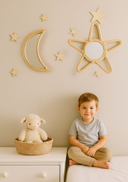 Rattan Star Wall Mirror – Boho & Space Kids Room Decor - Celestial Theme - Universe theme kids room
