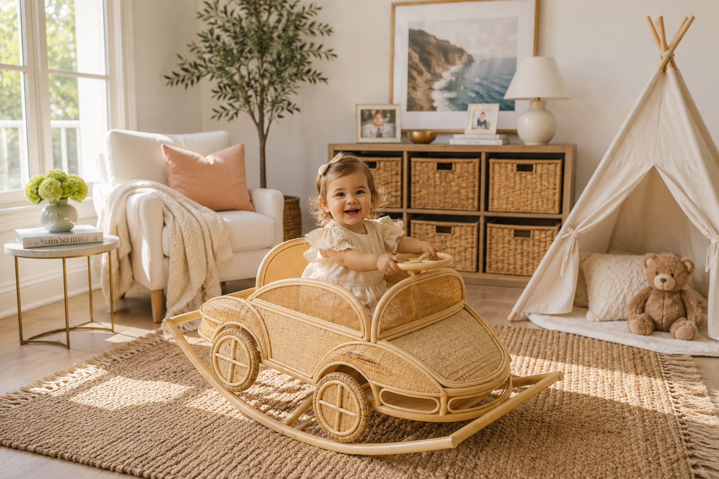 Vintage Inspired Rattan Rocking Car for Toddlers