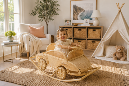 Vintage Inspired Rattan Rocking Car for Toddlers