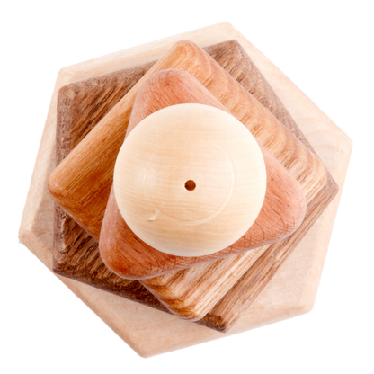 Wooden stacking toy in different shapes from 5 types of wood