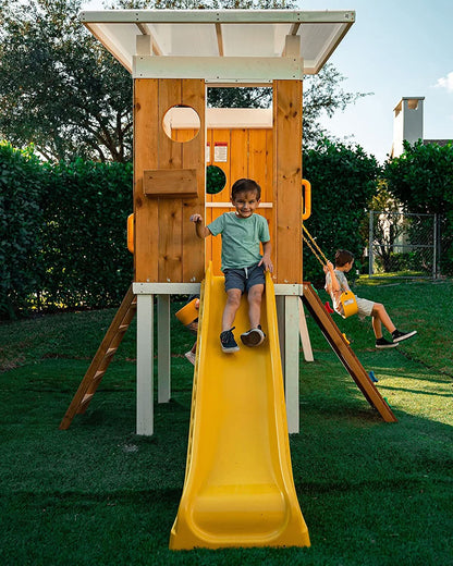 Backyard outdoor swing set with slide 2 swings & trapeze bar - The Nurturing Nook