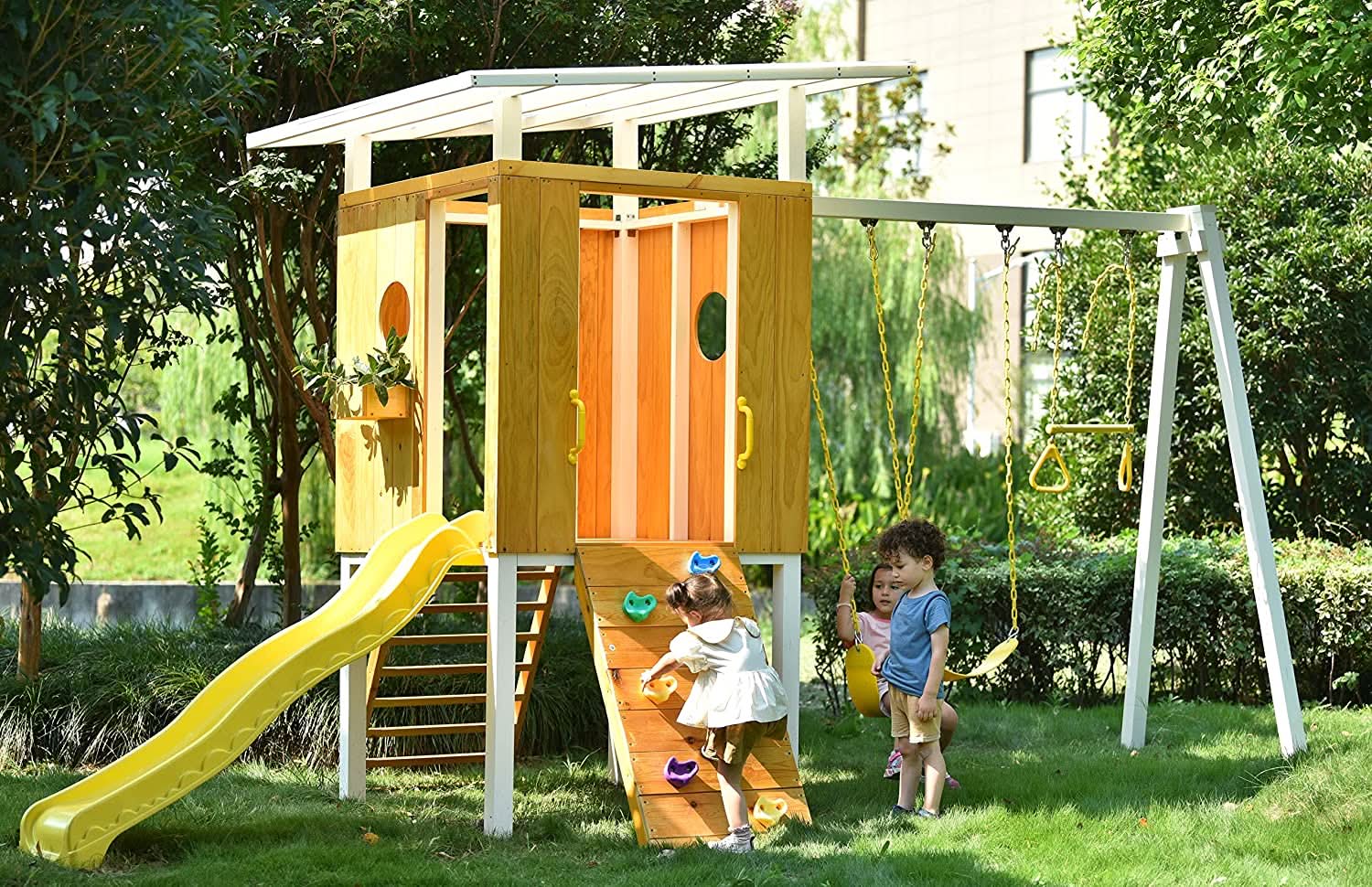 Backyard outdoor swing set with slide 2 swings & trapeze bar - The Nurturing Nook