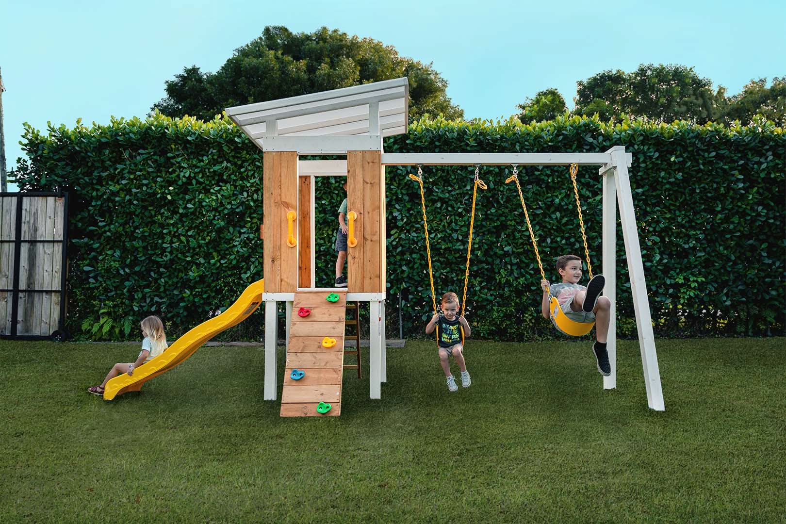 Backyard outdoor swing set with slide 2 swings & trapeze bar - The Nurturing Nook