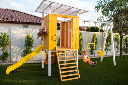 Backyard outdoor swing set with slide 2 swings & trapeze bar - The Nurturing Nook