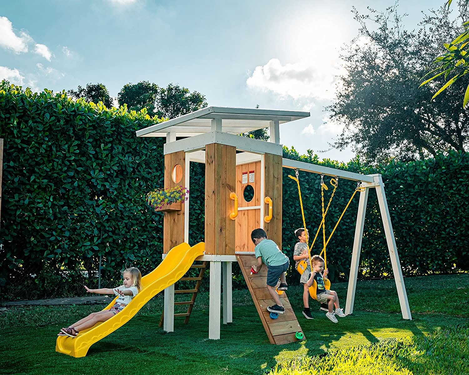 Backyard outdoor swing set with slide 2 swings & trapeze bar - The Nurturing Nook