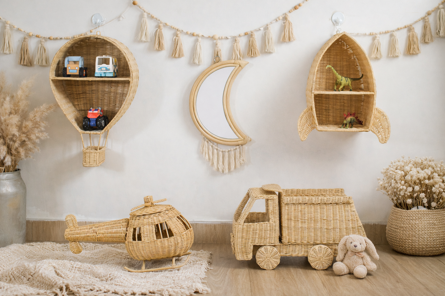 Rattan Toy Helicopter – Handcrafted Boho Pretend Play Toy for Kids | Montessori Airplane Nursery Decor