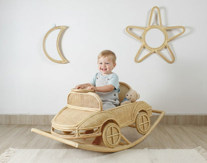 Vintage Inspired Rattan Rocking Car for Toddlers