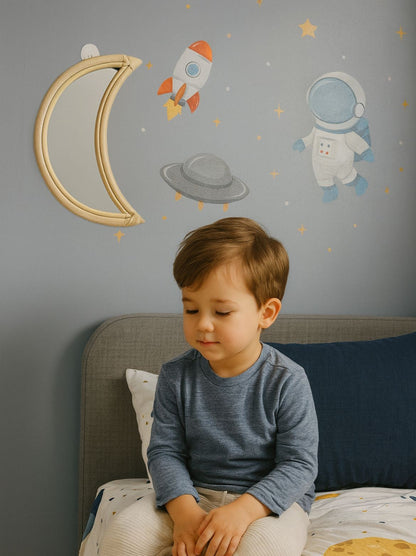 Rattan Moon Wall Mirror – Boho Space & Mystical Kids Room Decor
