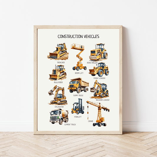 Construction Vehicles Poster - Educational Trucks Wall Art for Toddler Playroom, Montessori Classroom & Nursery | Digital Download - The Nurturing Nook