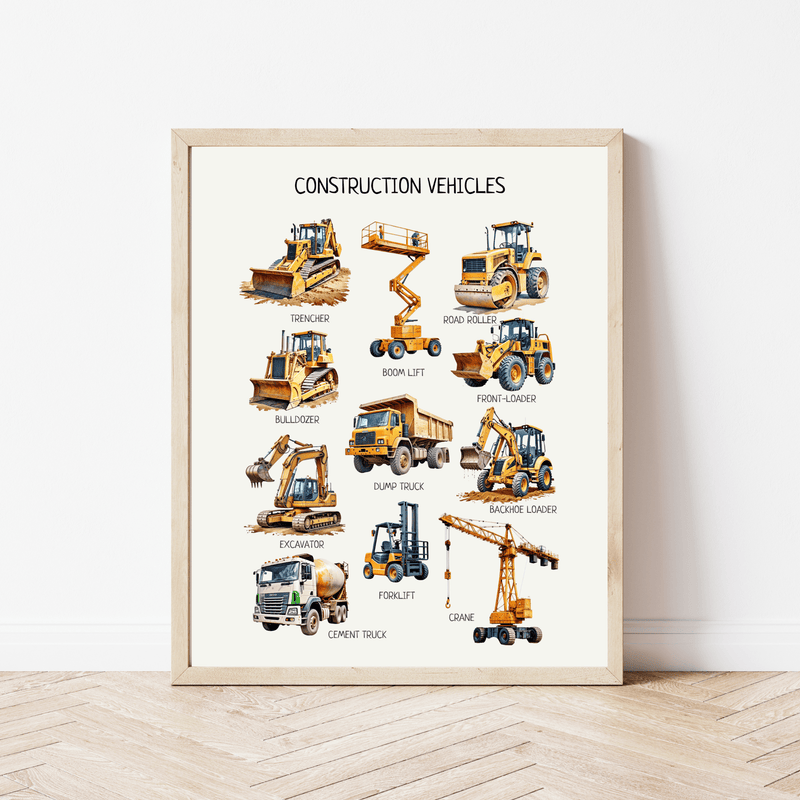 Construction Vehicles Poster - Educational Trucks Wall Art for Toddler Playroom, Montessori Classroom & Nursery | Digital Download