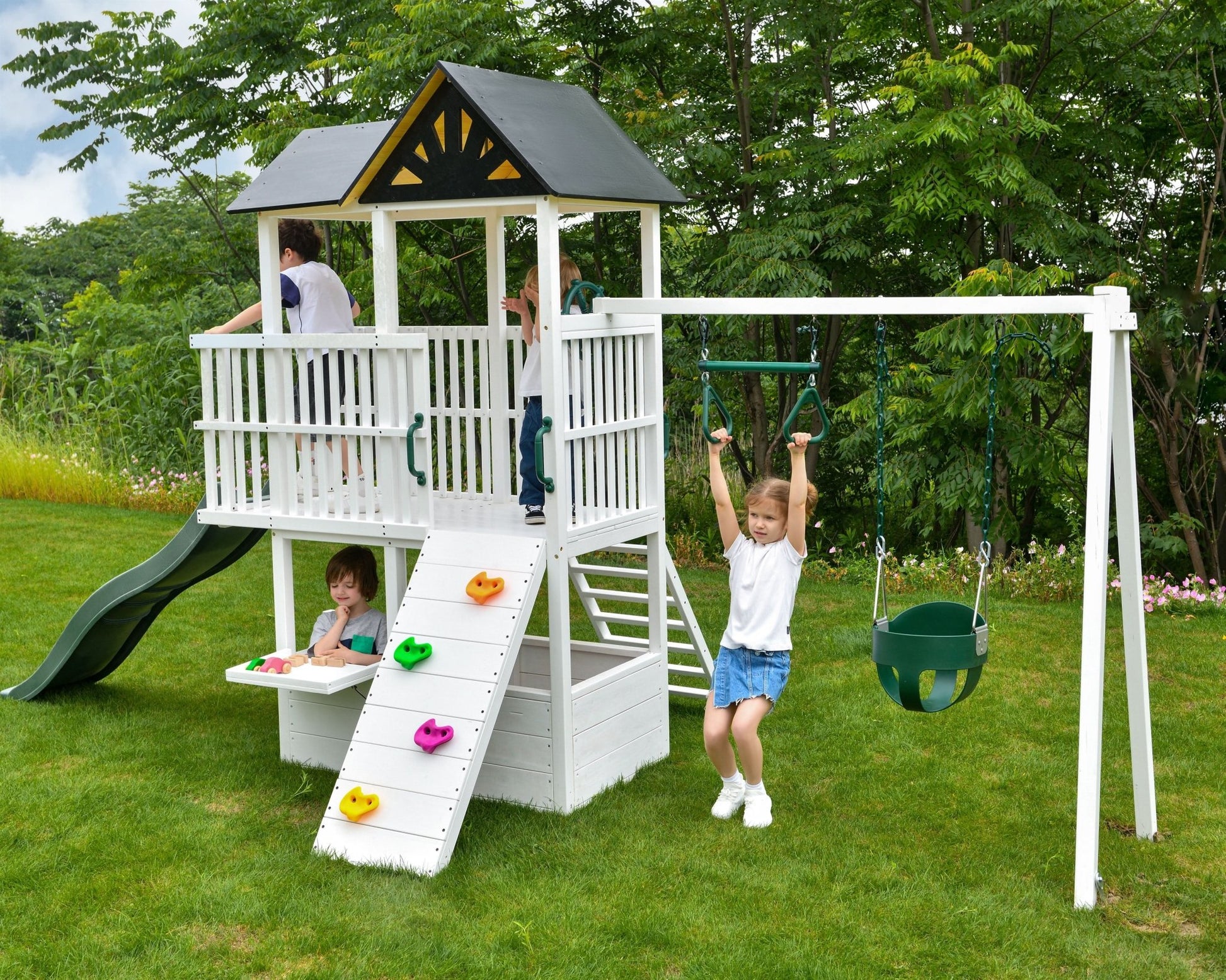 Craftsman - modern wooden backyard outdoor swing set - The Nurturing Nook