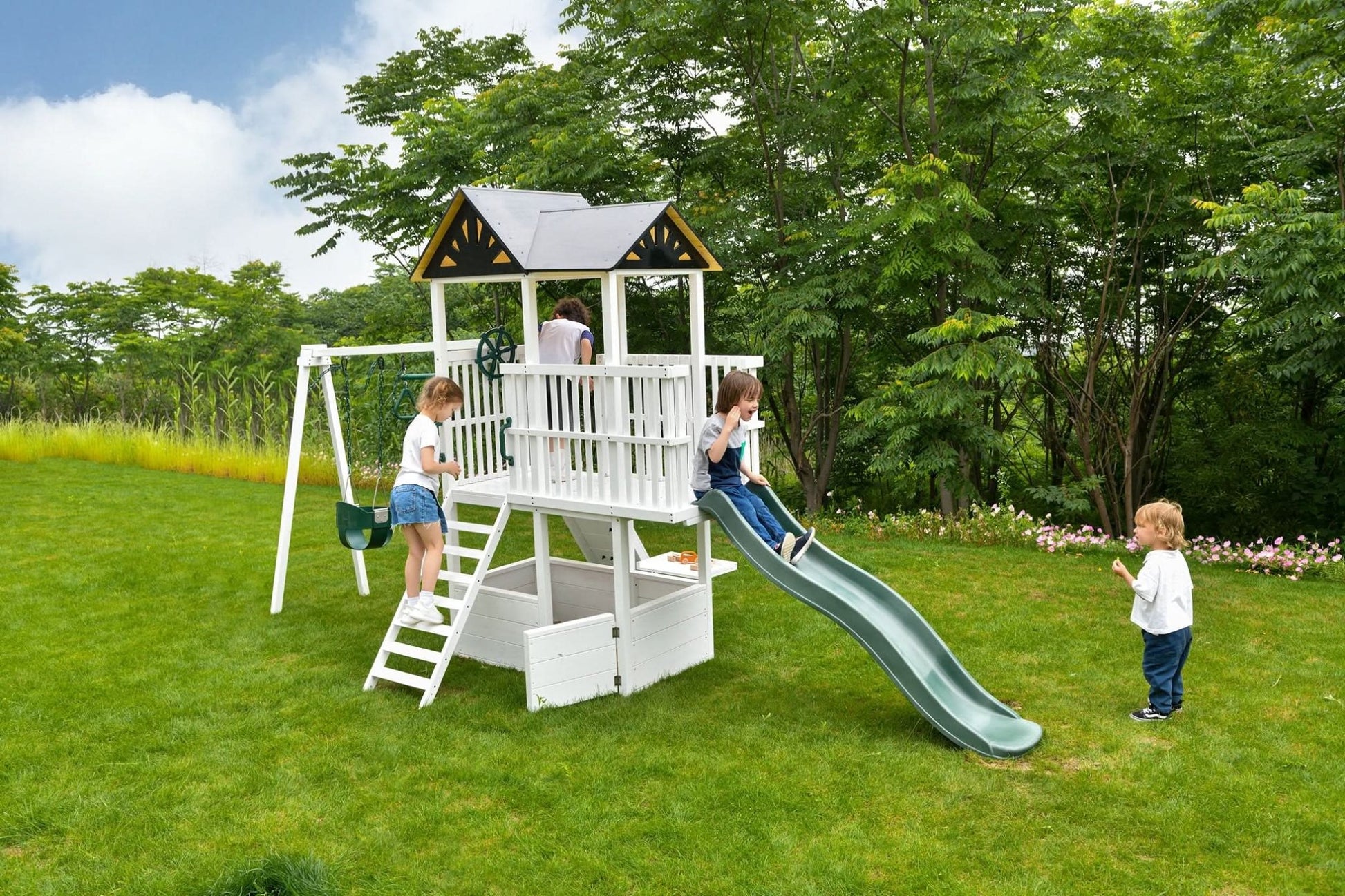 Craftsman - modern wooden backyard outdoor swing set - The Nurturing Nook