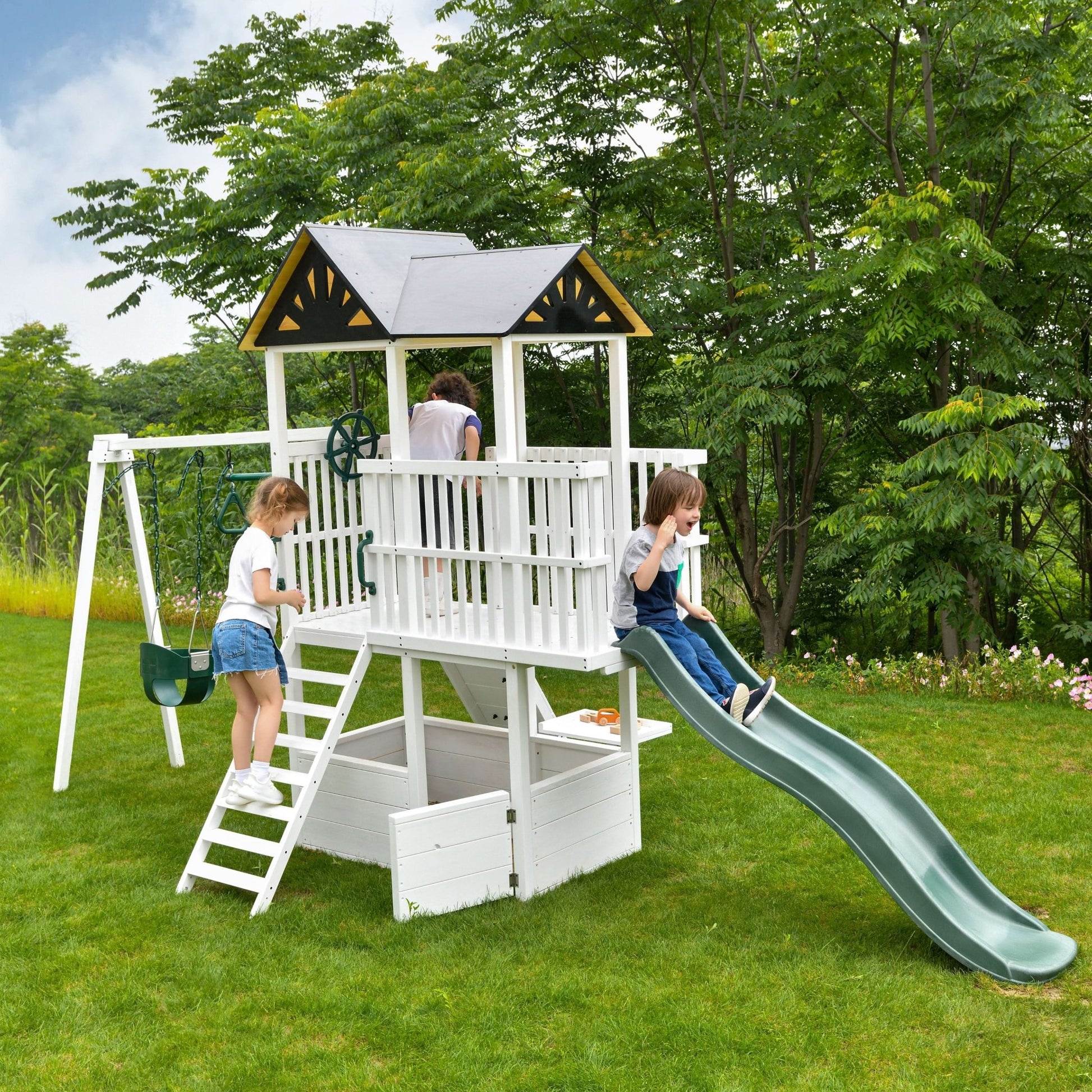 Craftsman - modern wooden backyard outdoor swing set - The Nurturing Nook