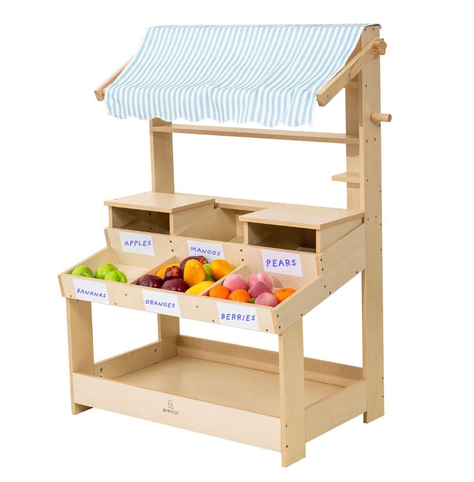 Cypress wooden market stand for pretend play - The Nurturing Nook