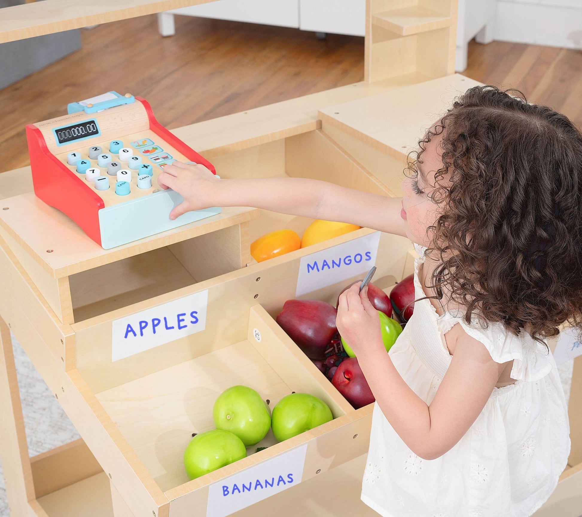 Cypress wooden market stand for pretend play - The Nurturing Nook