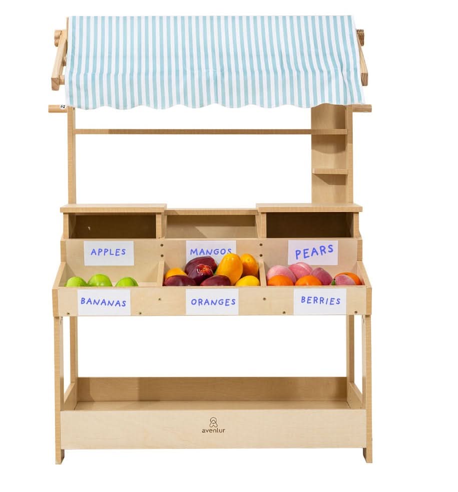Cypress wooden market stand for pretend play - The Nurturing Nook