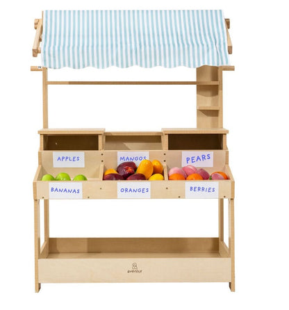 Cypress wooden market stand for pretend play - The Nurturing Nook
