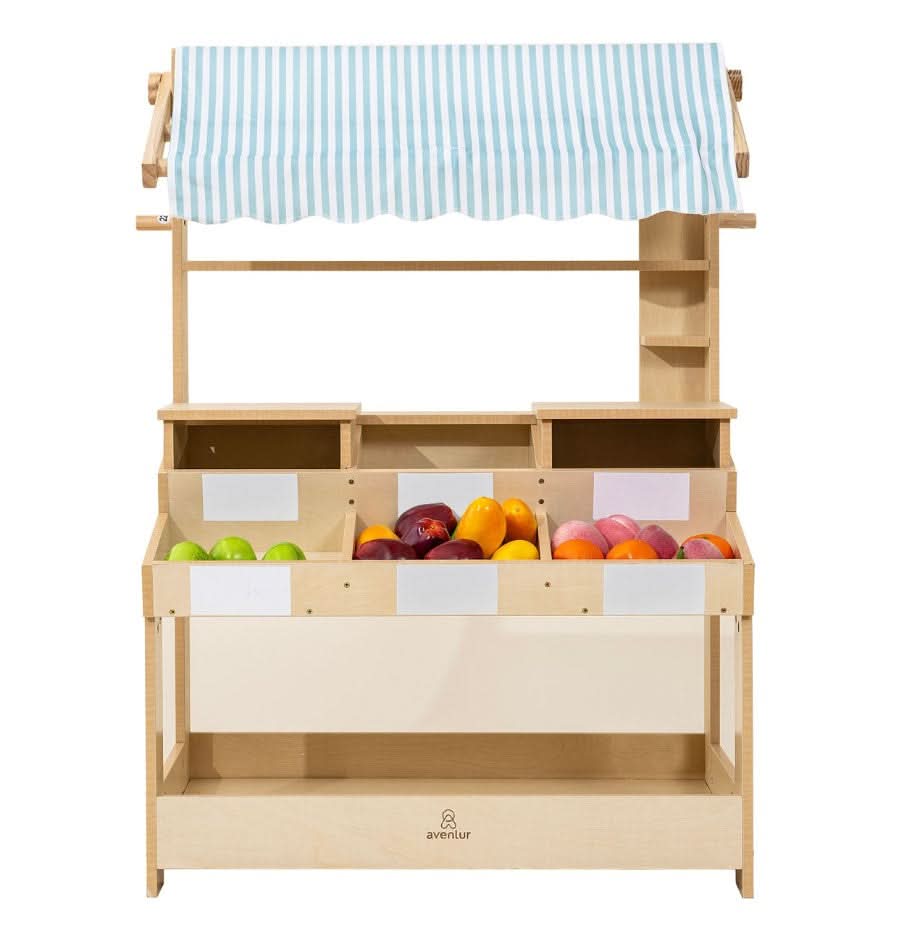 Cypress wooden market stand for pretend play - The Nurturing Nook
