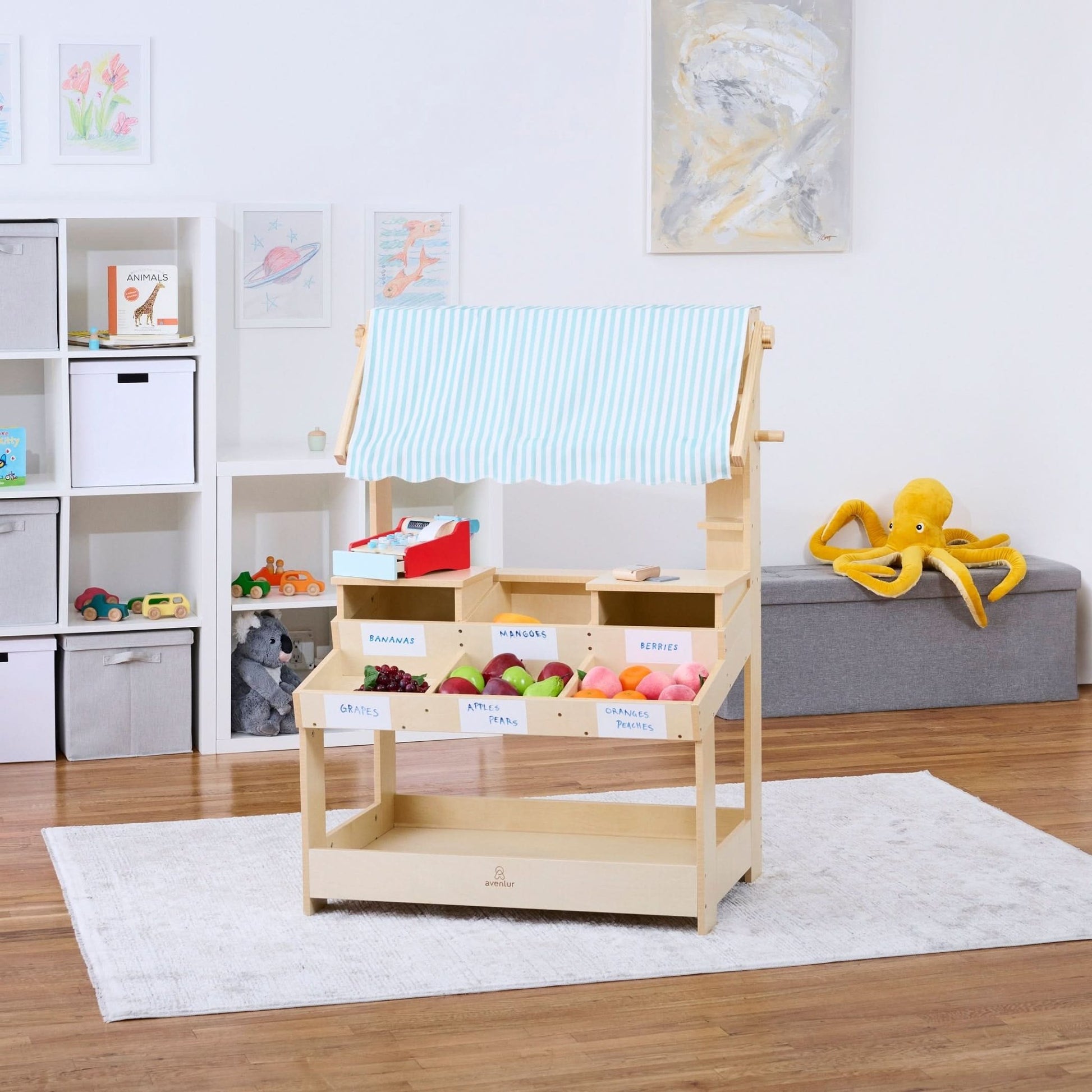 Cypress wooden market stand for pretend play - The Nurturing Nook