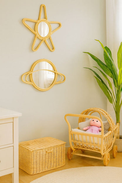 Rattan Saturn Mirror | Boho Nursery Wall Decor | Handmade Natural Rattan Mirror for Kids Room | Eco-Friendly Montessori Wall Art