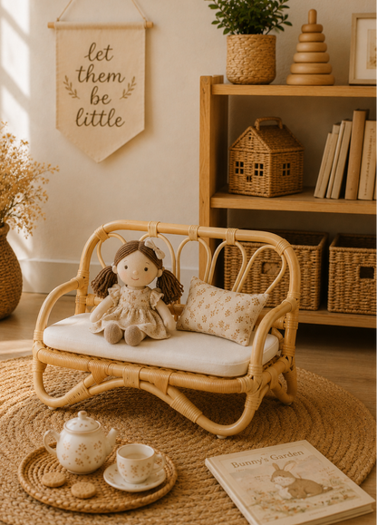 The Heirloom Doll Couch | Boho Montessori Doll Furniture | Eco-Friendly Pretend Play Sofa for Dolls