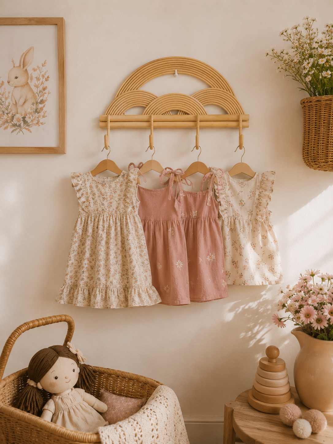 Montessori Rainbow Wall Hanger  |  Rattan Wall Rack | Boho Nursery Wall Hooks for Kids